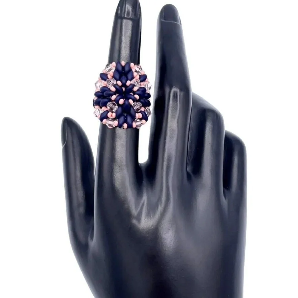 Navy Blue and Light Pink Crystal Beaded Statement Ring Size 5.5